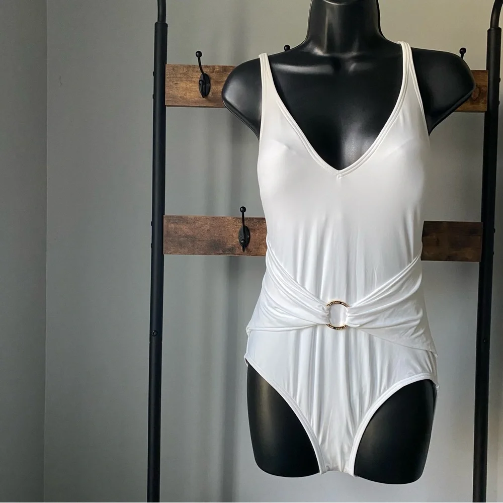Michael Michael Kors White Stretch Tummy Control Sash-Ring V Neck Swimsuit 10 - Picture 2 of 7